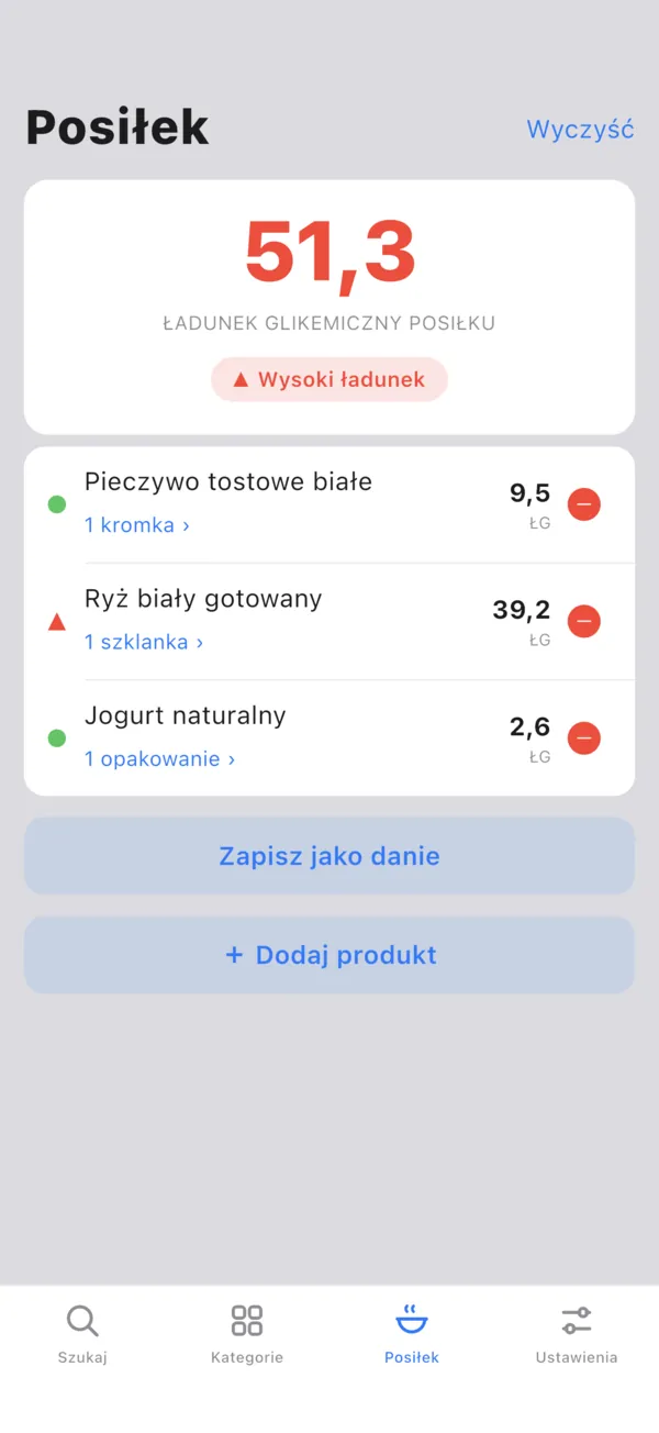 Ekran posiłku: trzy produkty i suma ładunku glikemicznego całego posiłku