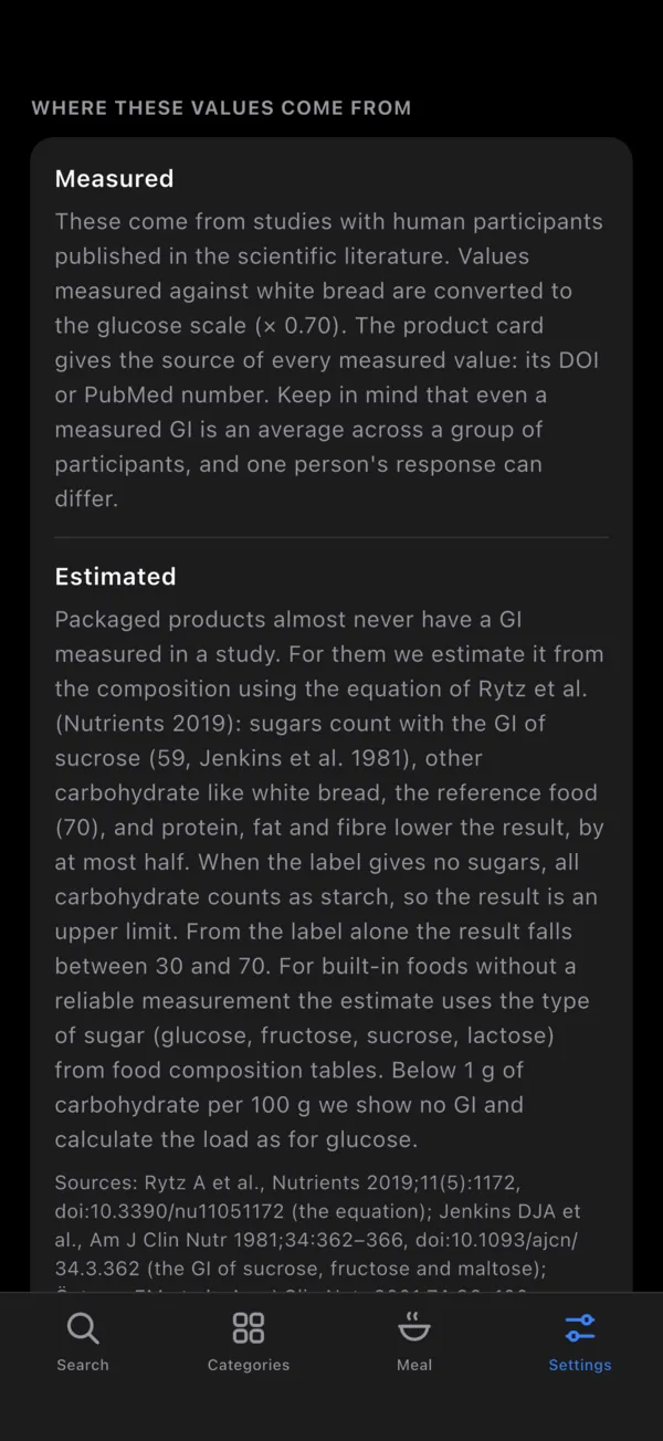 Data sources screen in dark mode explaining measured and estimated values